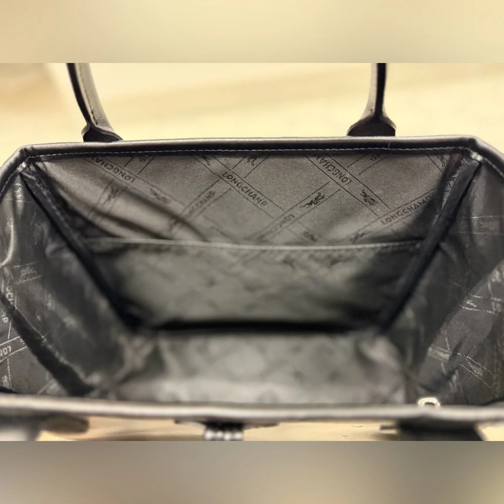 LONGCHAMP Vintage Y2K Mini Roseau Black Leather Tote Bag W/ Bamboo Toggle Silver